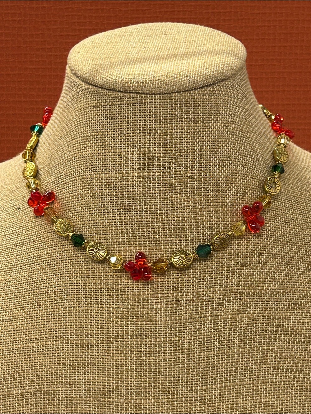Artisan Gold-Tone Red & Green Beaded Floral Choker Necklace Boho Holidays